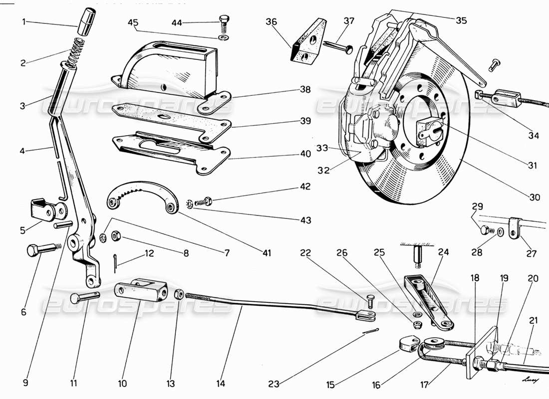 ferrari 330 gt 2+2 schema delle parti dei freni posteriori e del freno a mano