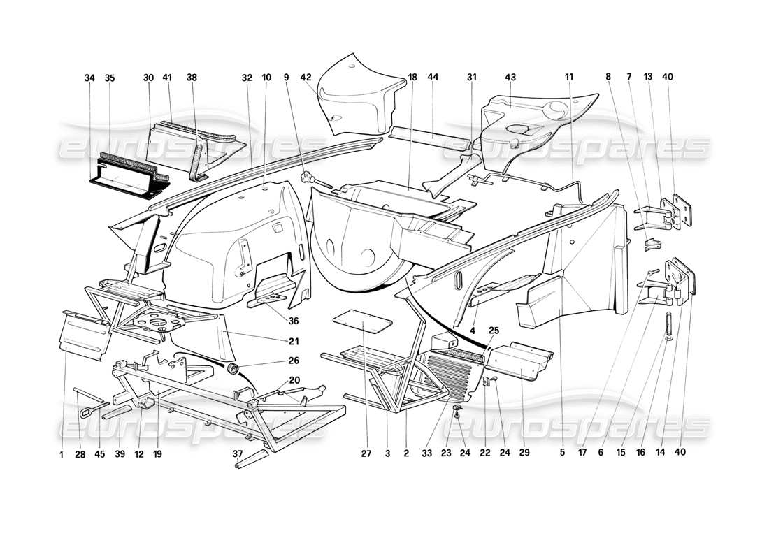 ferrari mondial 3.2 qv (1987) scocca - elementi interni con schema delle parti antiscivolo