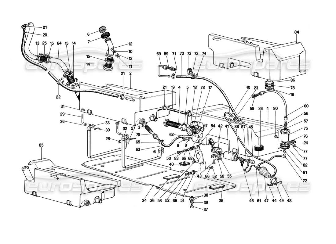 ferrari mondial 3.2 qv (1987) diagramma delle parti della pompa del carburante e dei tubi (per la versione usa).
