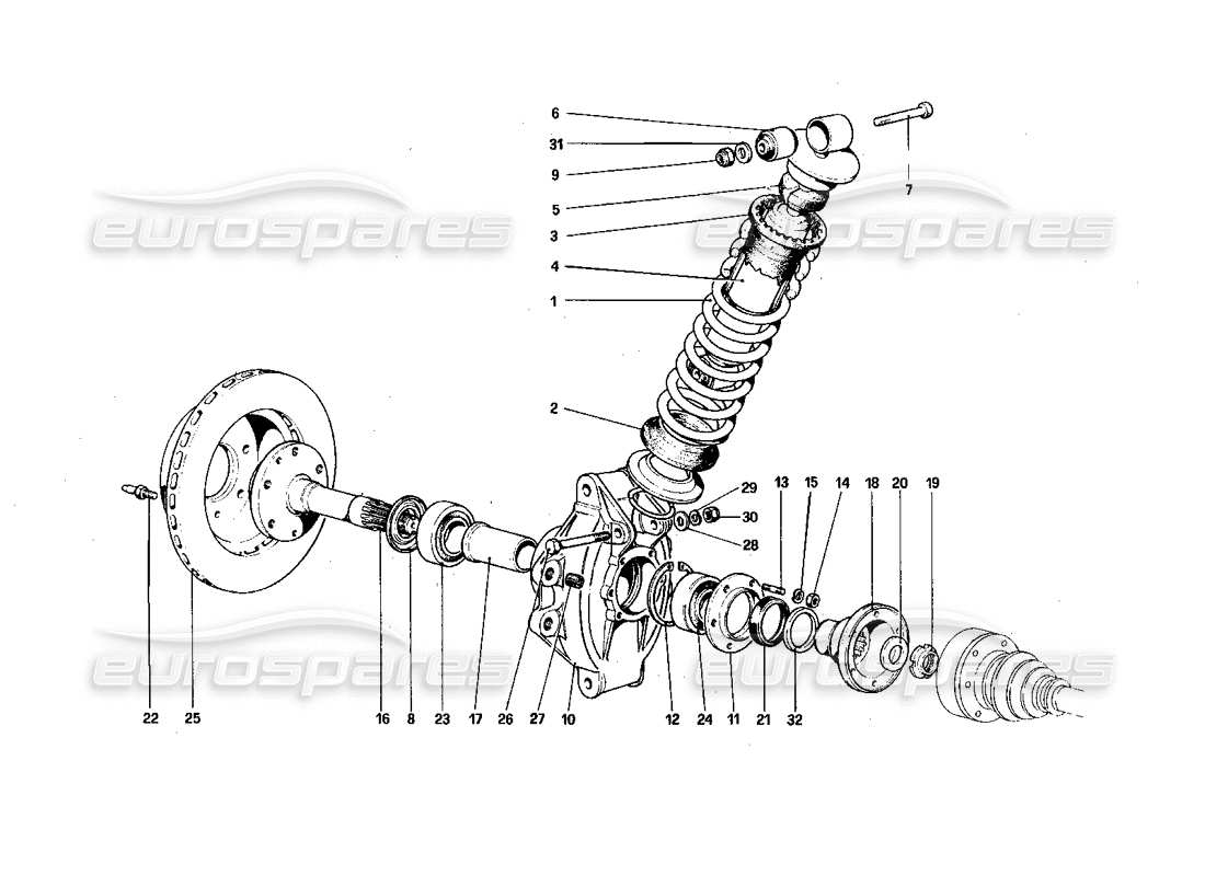 ferrari 308 quattrovalvole (1985) sospensione posteriore - ammortizzatore e disco freno schema parte