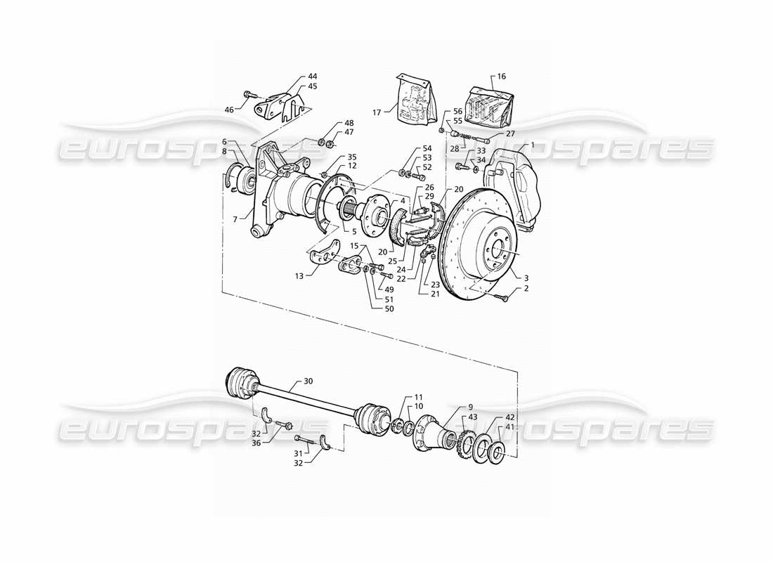 maserati qtp v8 (1998) mozzi, freni posteriori con abs e alberi di trasmissione diagramma delle parti