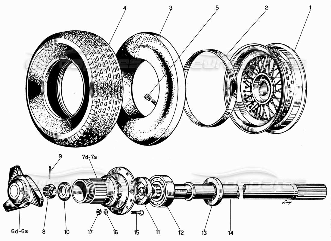 ferrari 330 gt 2+2 pneumatici - ruote - mozzi - schema delle parti dell'asse