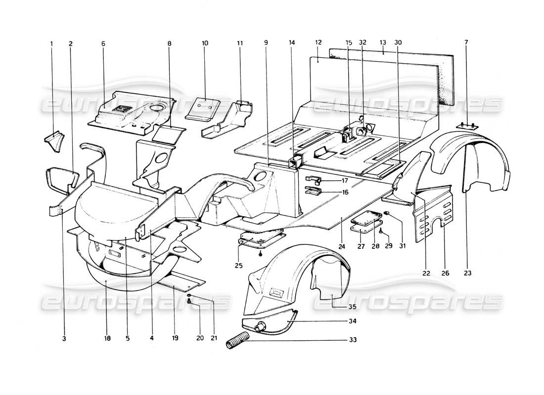 ferrari 512 bb scocca - diagramma delle parti degli elementi interni