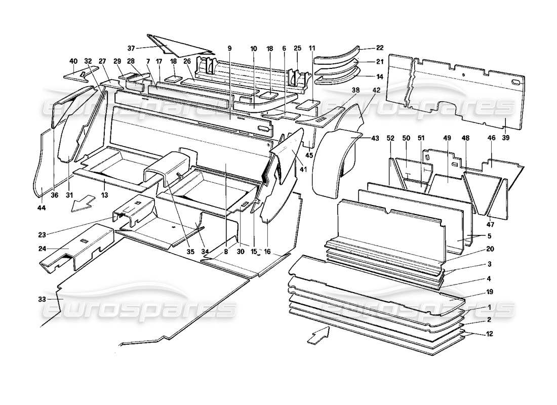 ferrari mondial 3.0 qv (1984) diagramma delle parti dell'isolamento del bagagliaio e dell'abitacolo