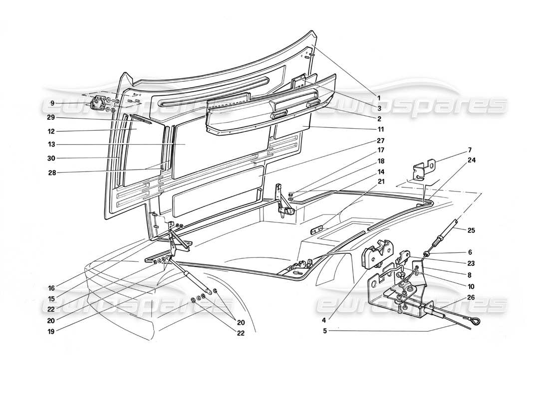 ferrari testarossa (1987) diagramma delle parti del cofano anteriore