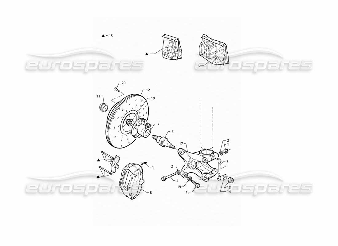 maserati qtp v8 (1998) schema delle parti di mozzi e freni anteriori con abs