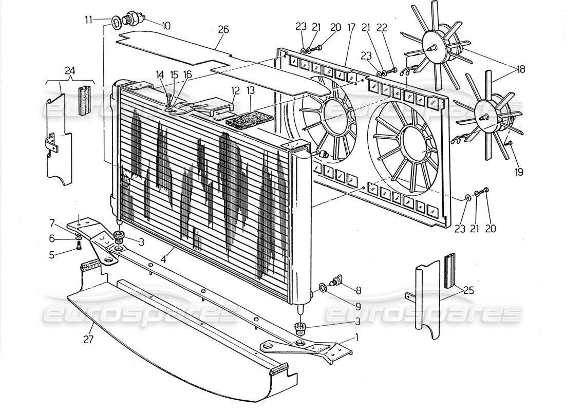 maserati 2.24v diagramma delle parti del radiatore e delle ventole di raffreddamento