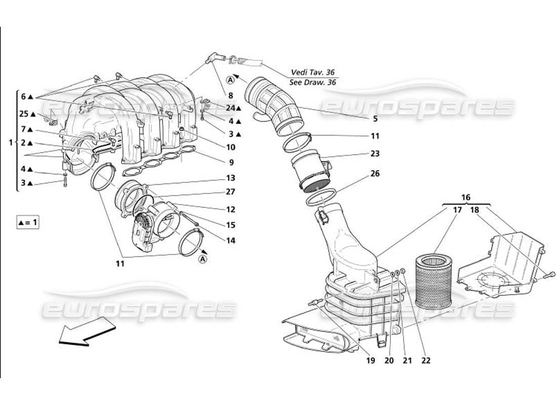 maserati 4200 spyder (2005) diagramma delle parti del collettore di aspirazione dell'aria