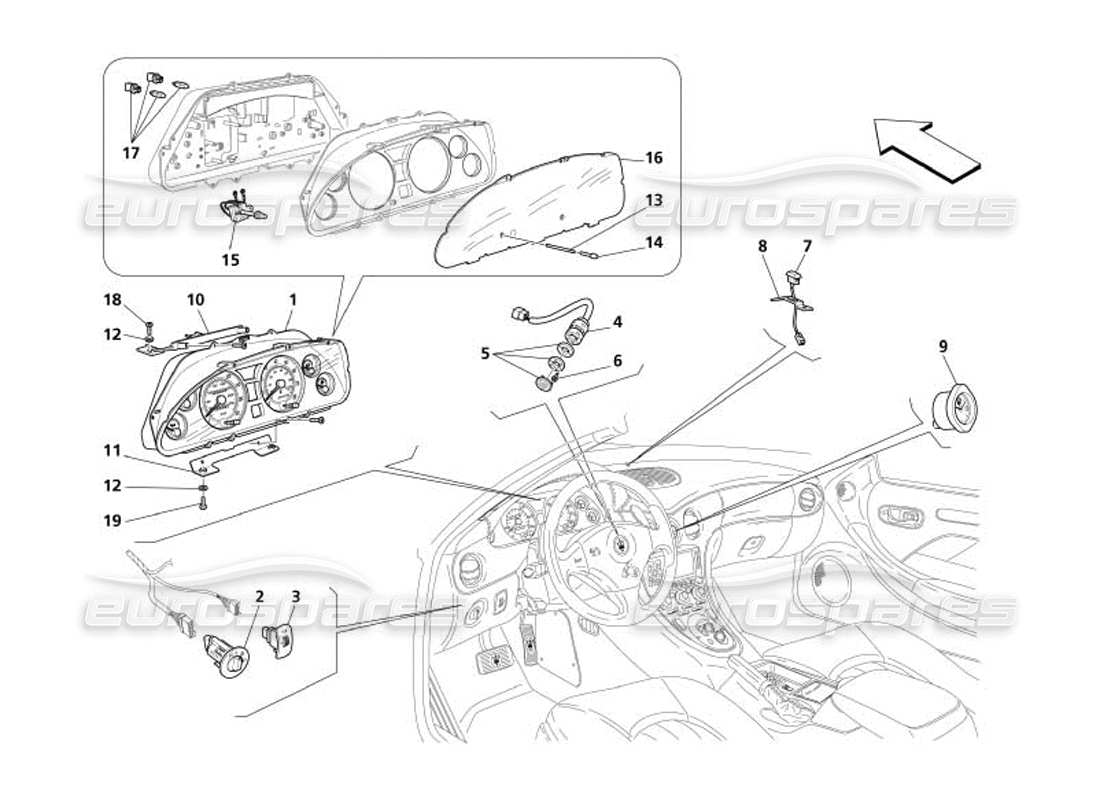 maserati 4200 spyder (2005) diagramma delle parti degli strumenti del cruscotto