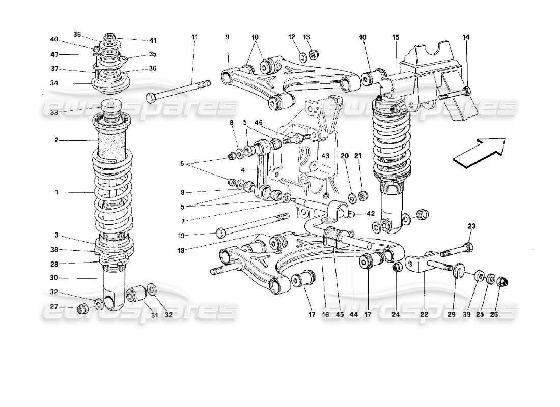 ferrari 512 tr sospensione posteriore: schema delle parti bracci trasversali e ammortizzatore