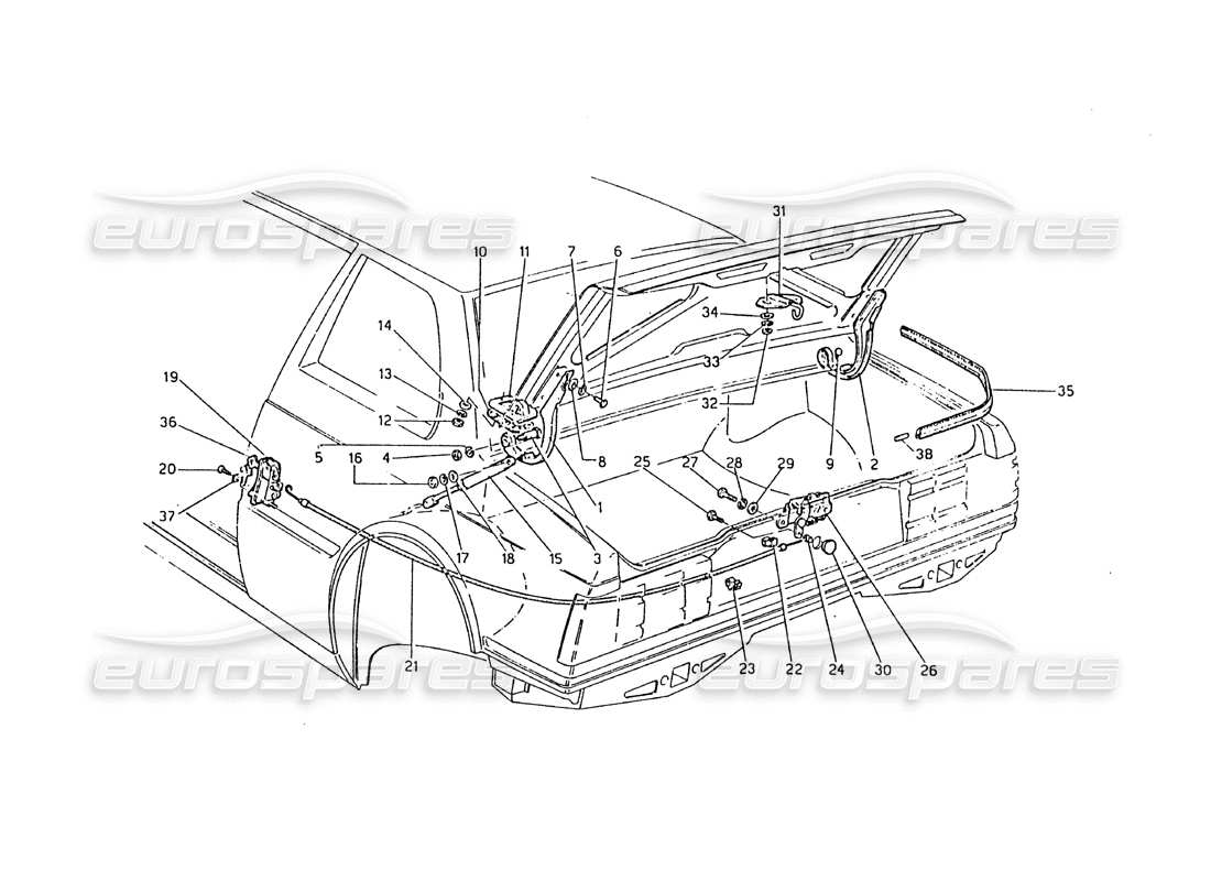 maserati biturbo 2.5 (1984) coperchio del bagagliaio: cerniere, diagramma delle parti di rilascio del coperchio del bagagliaio
