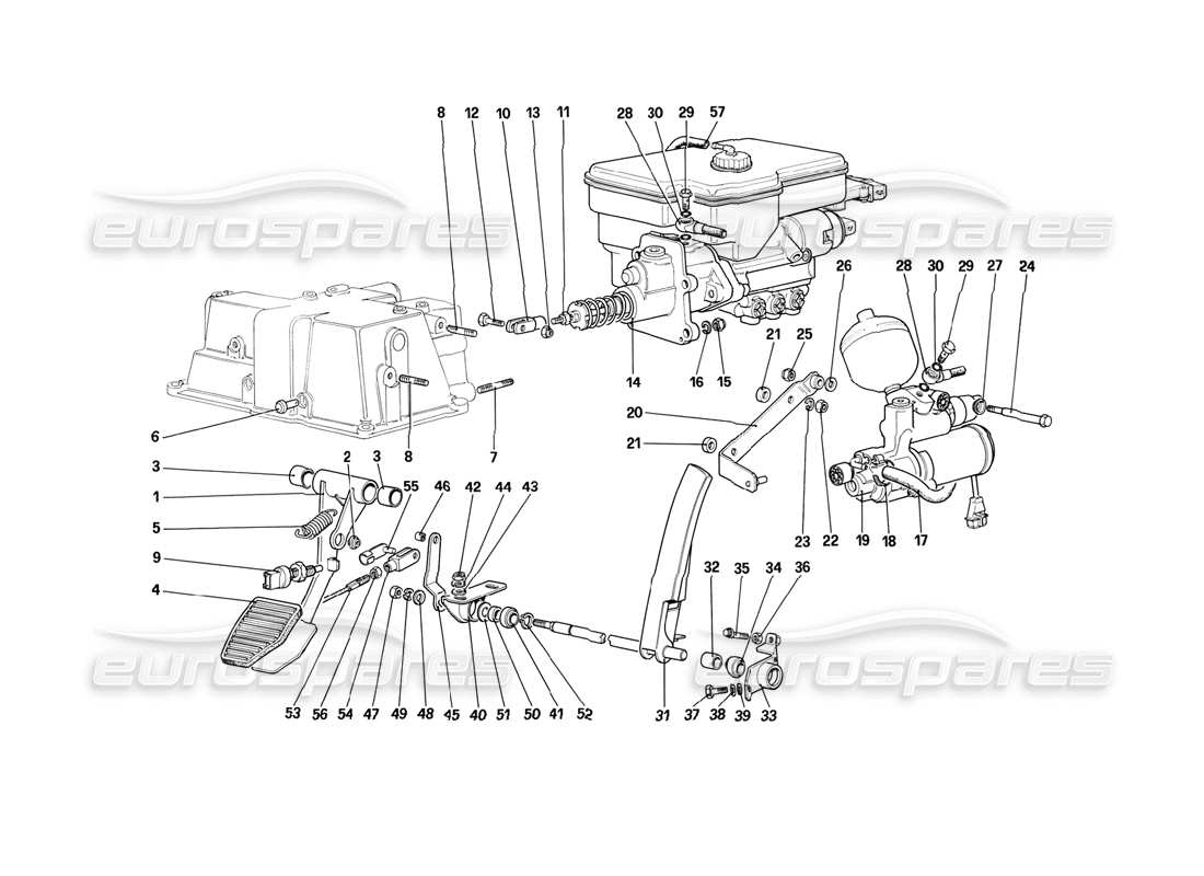 ferrari mondial 3.2 qv (1987) schema delle parti del controllo dell'acceleratore e del sistema idraulico dei freni (per auto con sistema antislittamento - varianti per la versione rh d).