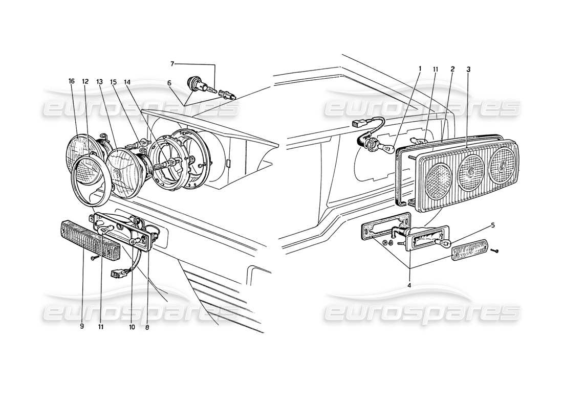 ferrari 208 gt4 dino (1975) luci diagramma delle parti