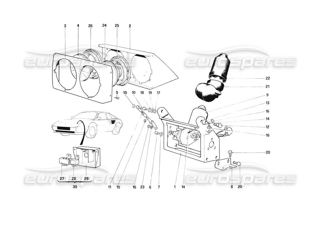 ferrari mondial 3.2 qv (1987) dispositivo sollevamento fari e fari diagramma delle parti