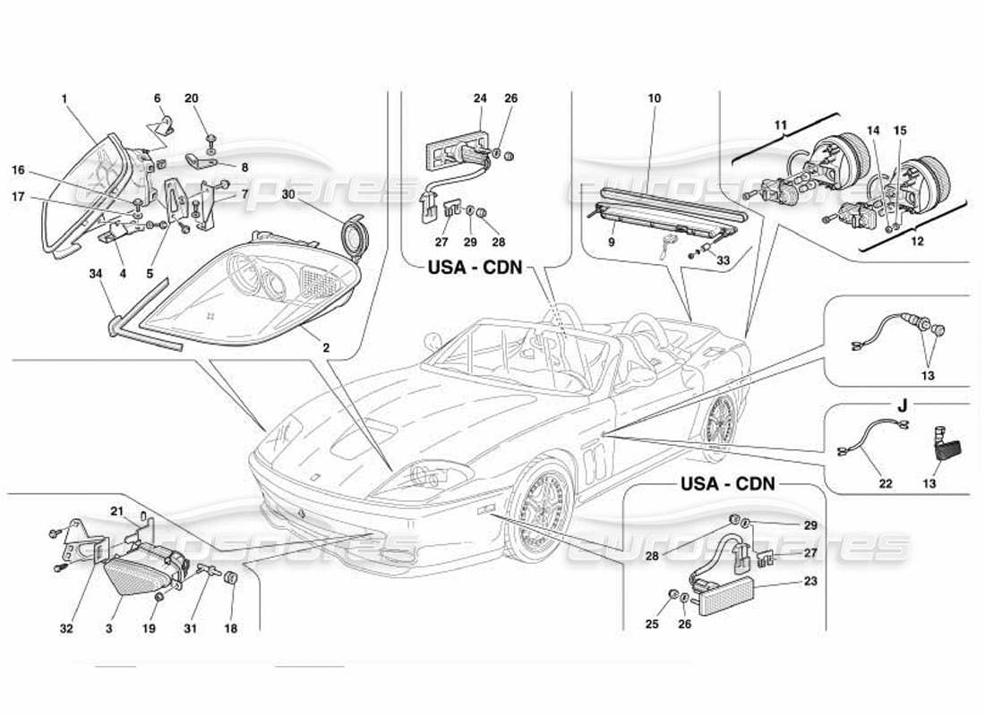 ferrari 550 barchetta diagramma delle parti delle luci anteriori e posteriori