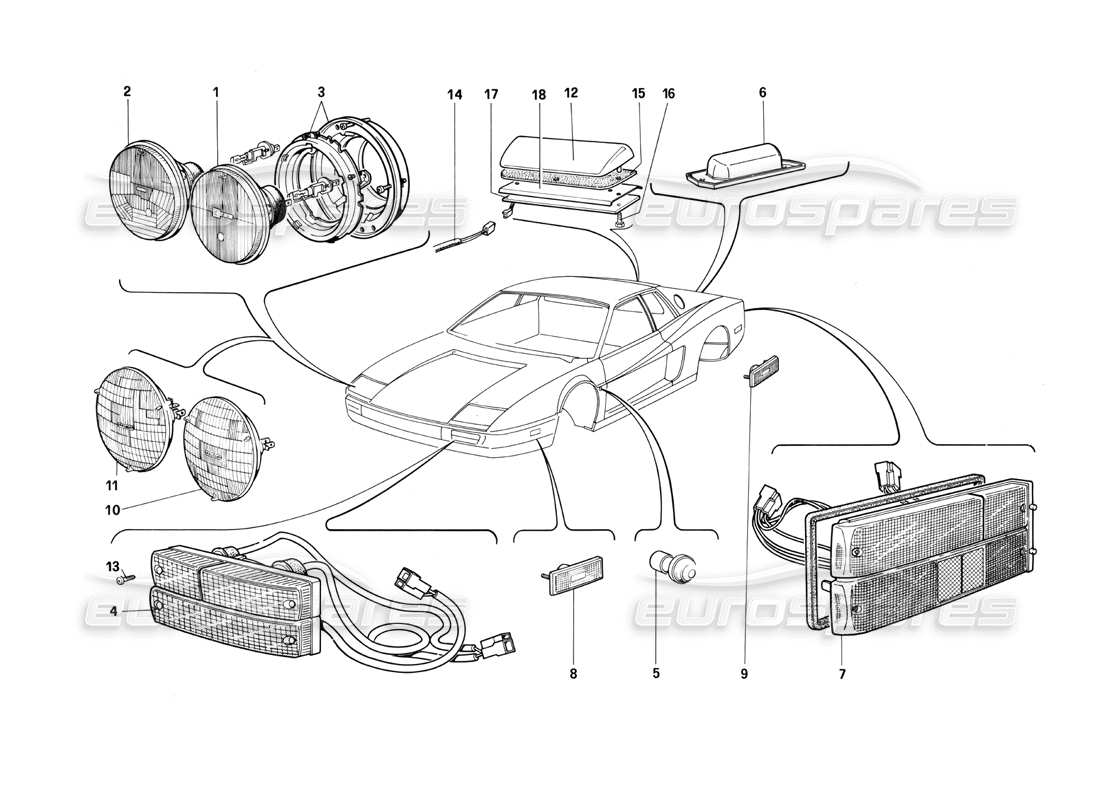 ferrari testarossa (1990) lampade diagramma delle parti