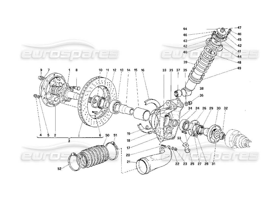ferrari f40 sospensione posteriore - ammortizzatore e disco freno schema parte