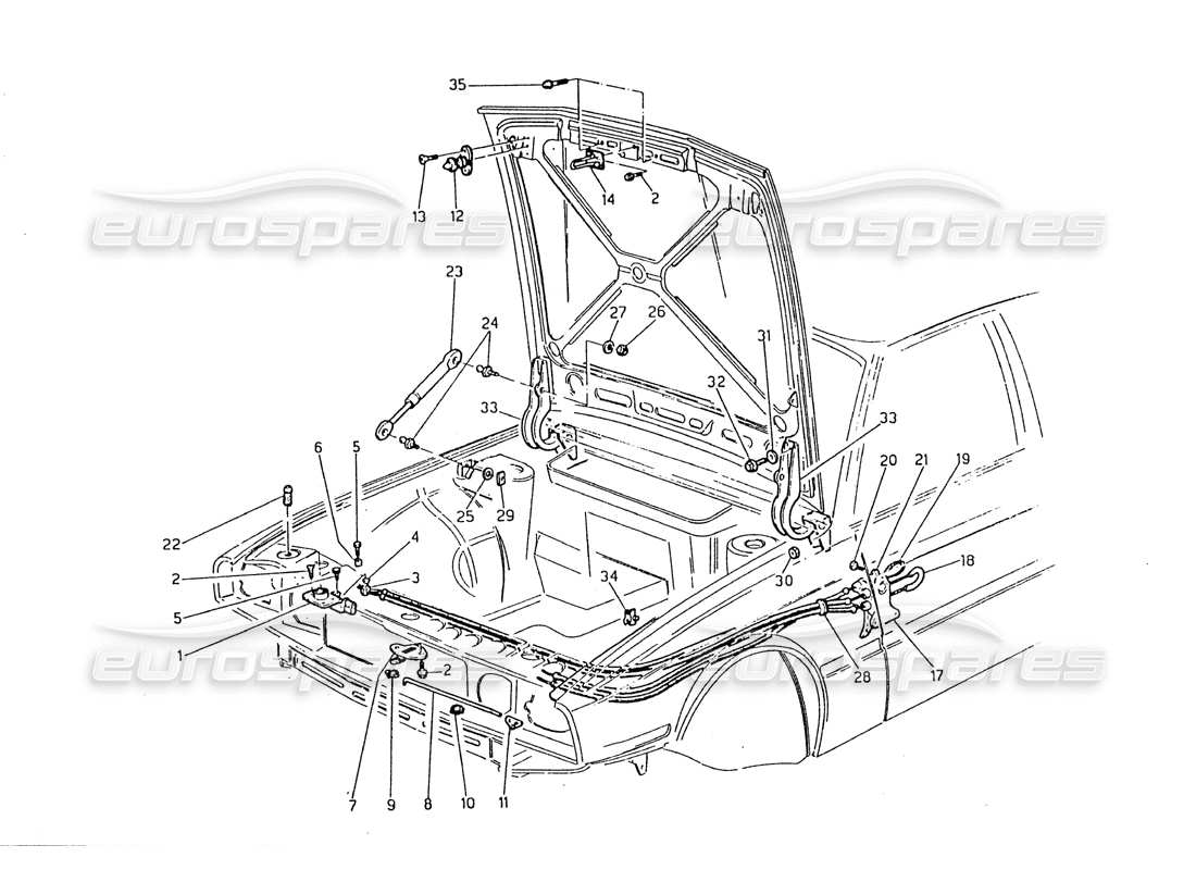 maserati biturbo 2.5 (1984) cofano - schema delle cerniere e delle parti di rilascio del cofano