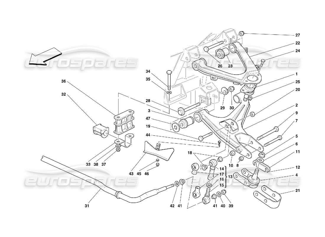 ferrari 456 gt/gta sospensioni anteriori: schema delle parti bracci trasversali e barra stabilizzatrice