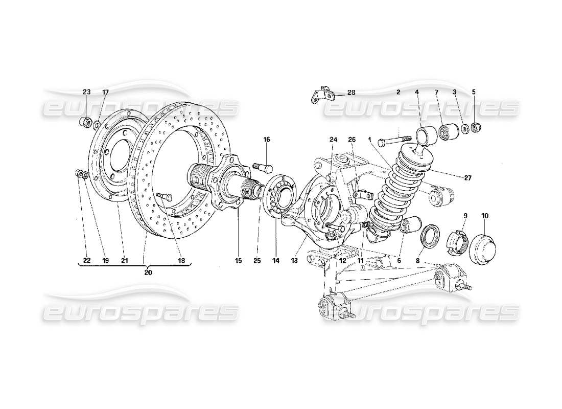 ferrari f40 sospensione anteriore - ammortizzatore e disco freno schema delle parti