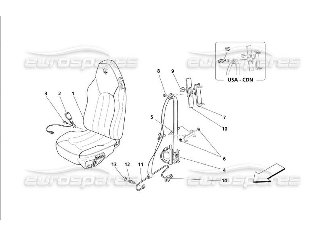 maserati 4200 gransport (2005) diagramma delle parti dei sedili anteriori e delle cinture di sicurezza