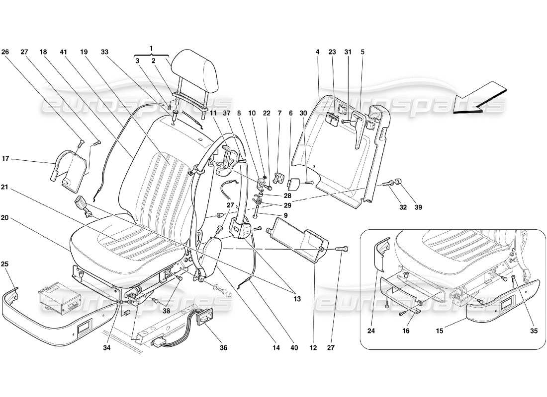 ferrari 456 gt/gta diagramma delle parti dei sedili anteriori e delle cinture di sicurezza