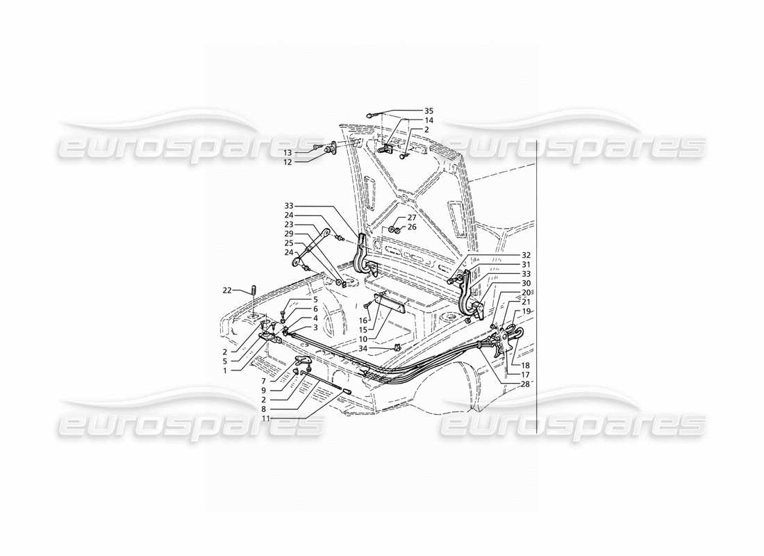 maserati ghibli 2.8 (abs) cofano: diagramma delle cerniere e delle parti di rilascio del cofano