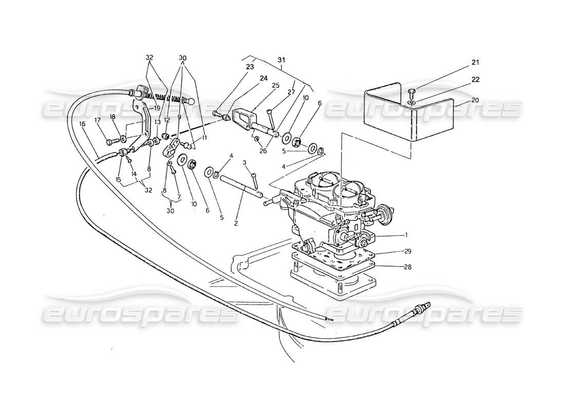 maserati biturbo 2.5 (1984) diagramma delle parti dei controlli carburatore, starter e acceleratore