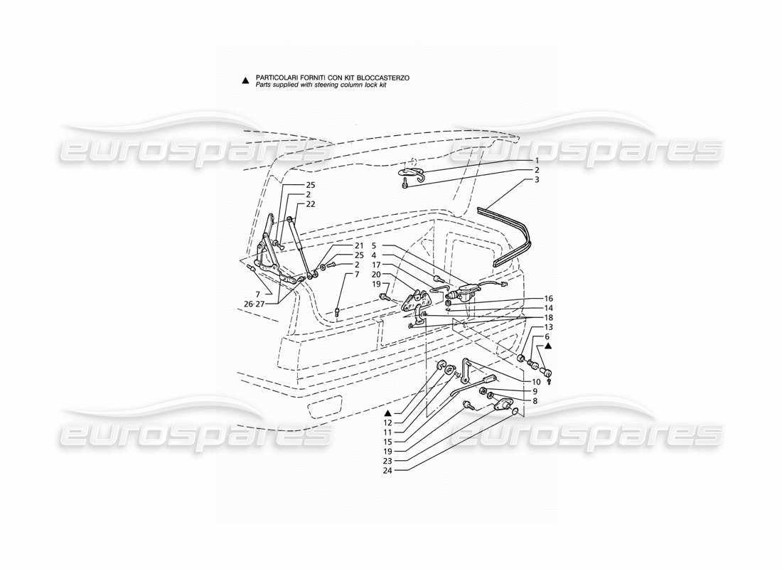 maserati ghibli 2.8 (abs) coperchio del bagagliaio: cerniere, diagramma delle parti di rilascio del coperchio del bagagliaio