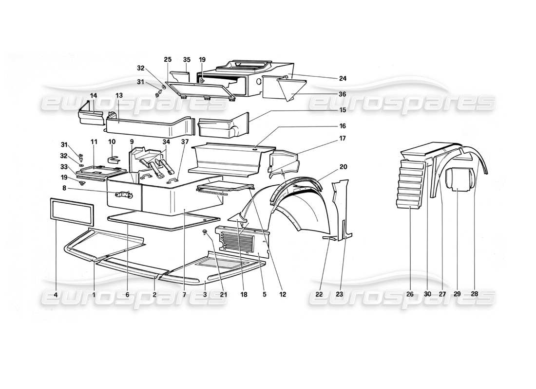 ferrari testarossa (1990) corpo - componenti interni diagramma delle parti