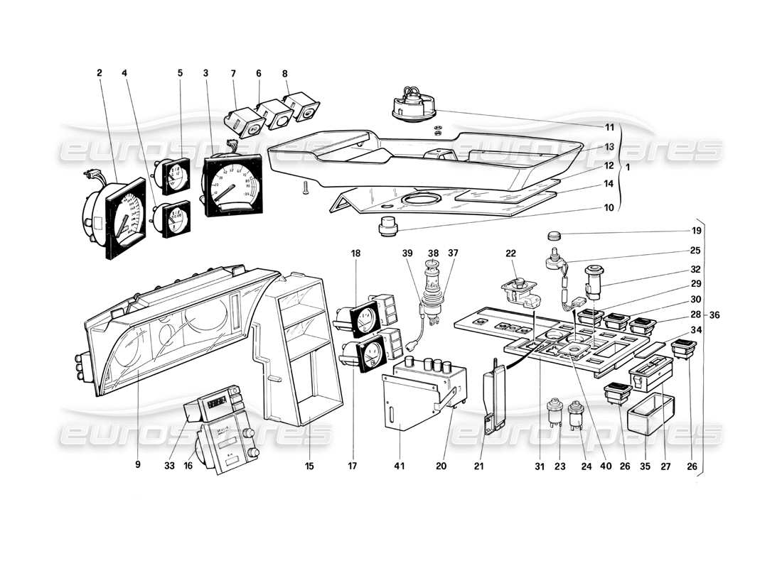 ferrari testarossa (1990) diagramma delle parti degli strumenti e degli accessori dell'abitacolo (non per la versione usa).