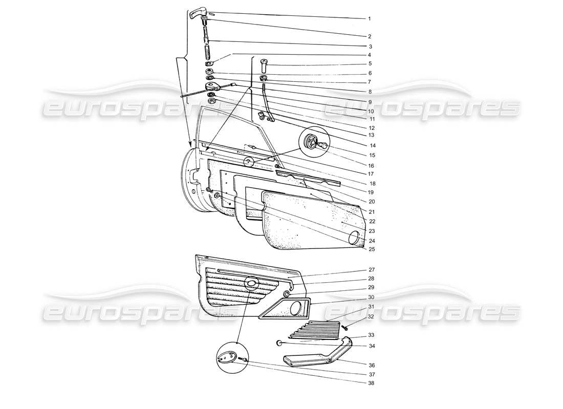 ferrari 365 gtb4 daytona (coachwork) schema delle parti dei pannelli interni della porta e della maniglia esterna