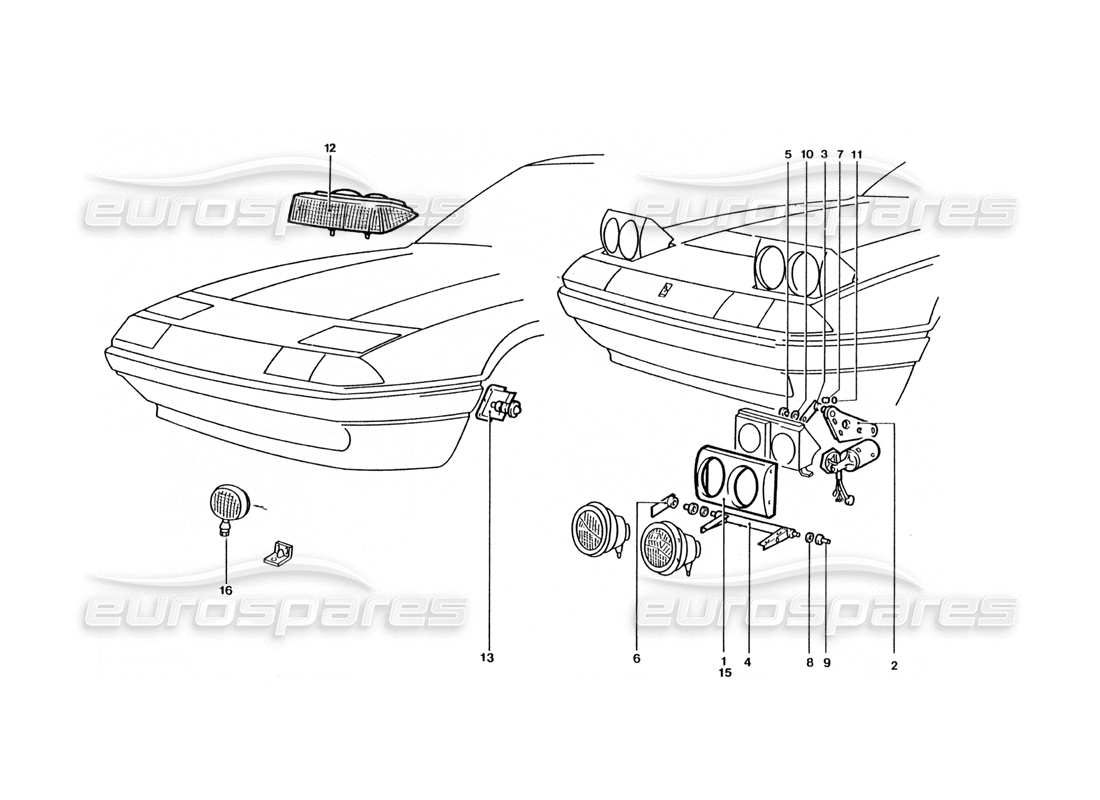 ferrari 400 gt / 400i (coachwork) diagramma delle parti delle luci anteriori e dei motori