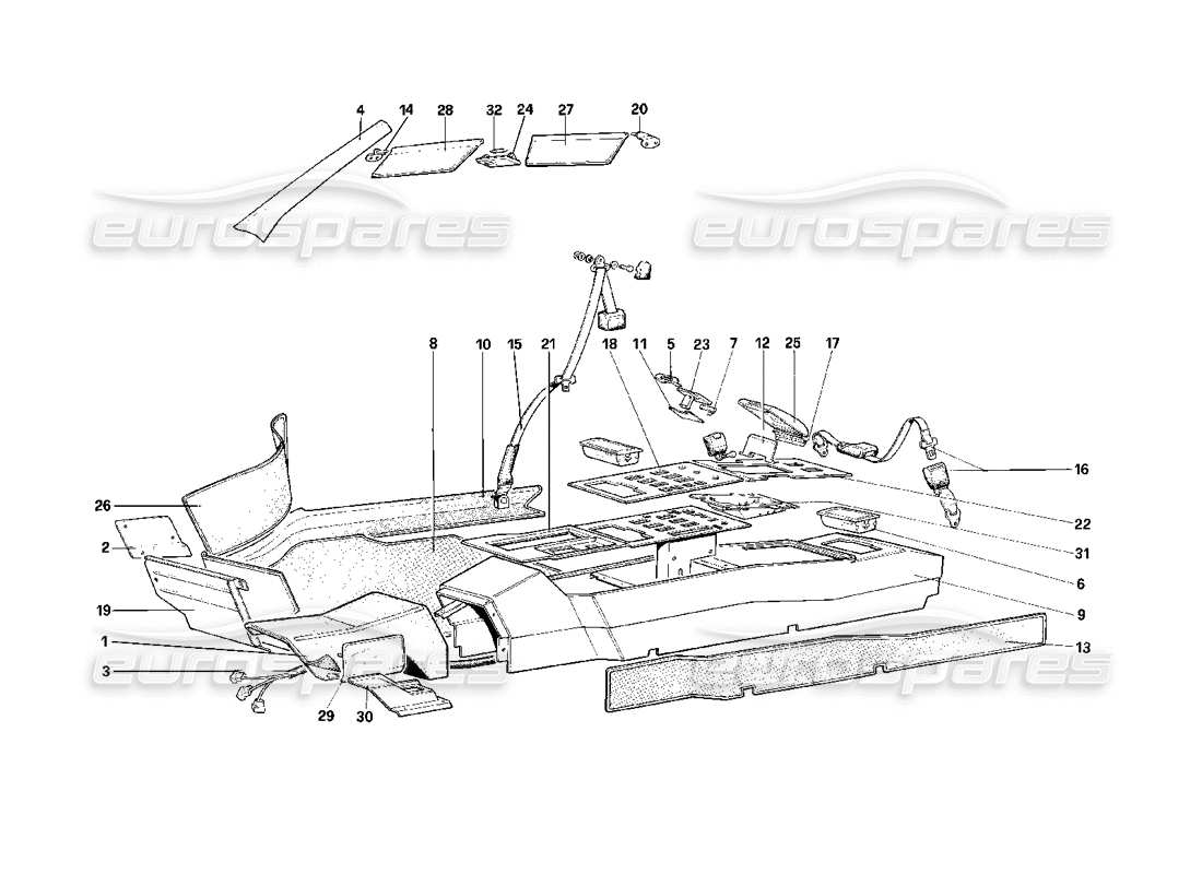 ferrari mondial 3.2 qv (1987) tetto, tunnel e cinture di sicurezza - schema delle parti della cabriolet