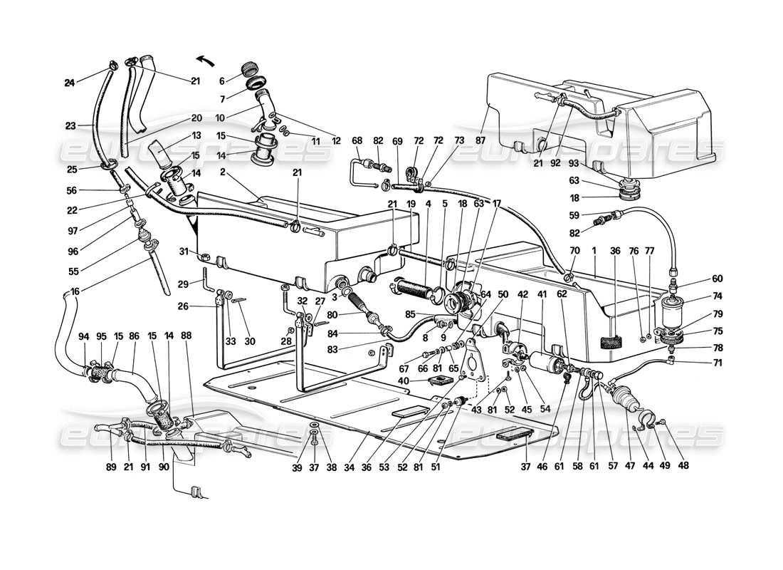 ferrari mondial 3.2 qv (1987) diagramma delle parti della pompa del carburante e dei tubi (non per la versione usa).