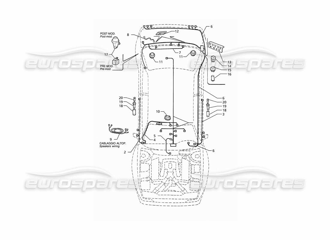 maserati ghibli 2.8 (abs) impianto elettrico: diagramma delle parti del bagagliaio-portiere-vano passeggero (guida a sinistra).