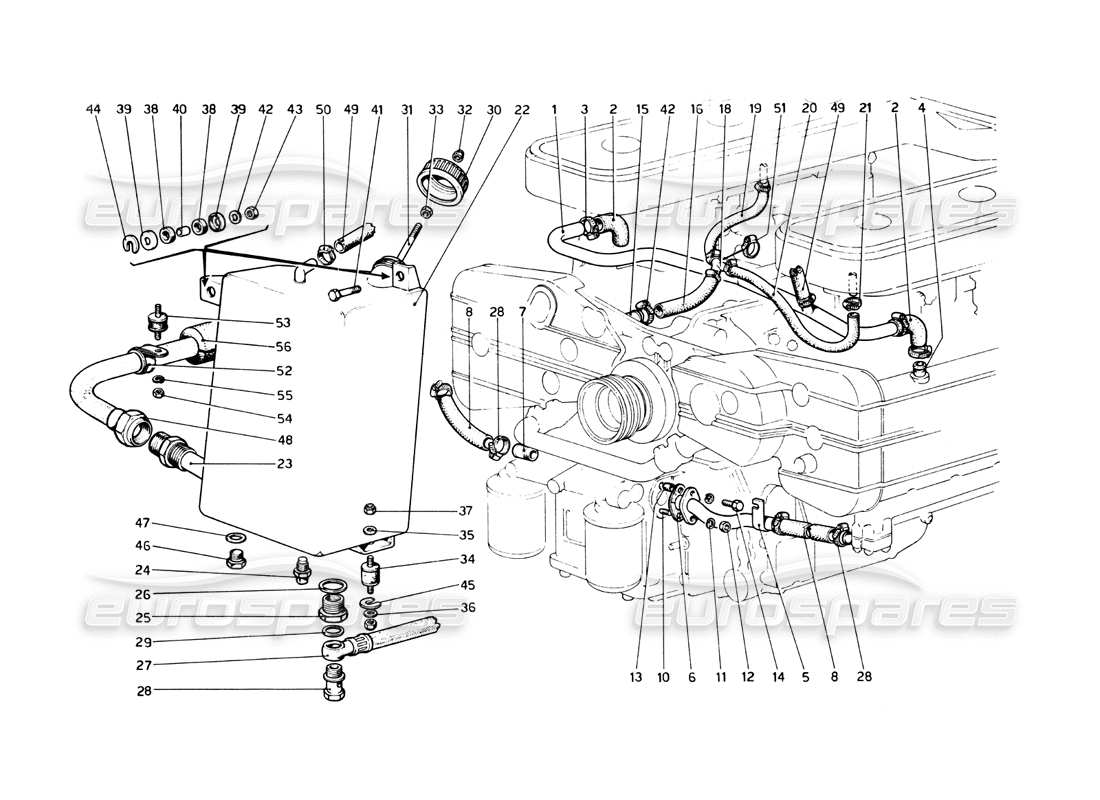 ferrari 512 bb lubrificazione - blow-by e serbatoio dell'olio diagramma delle parti