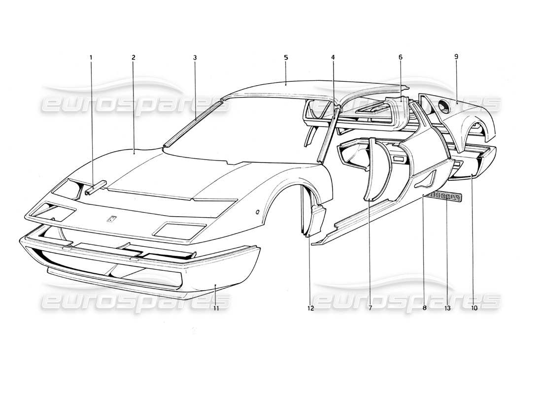 ferrari 512 bb scocca - elementi esterni diagramma delle parti