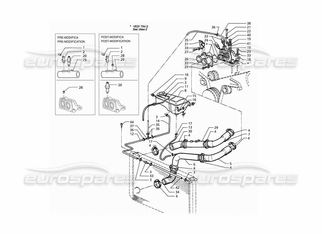 maserati qtp. 3.2 v8 (1999) diagramma delle parti dei tubi di raffreddamento del motore e del termostato