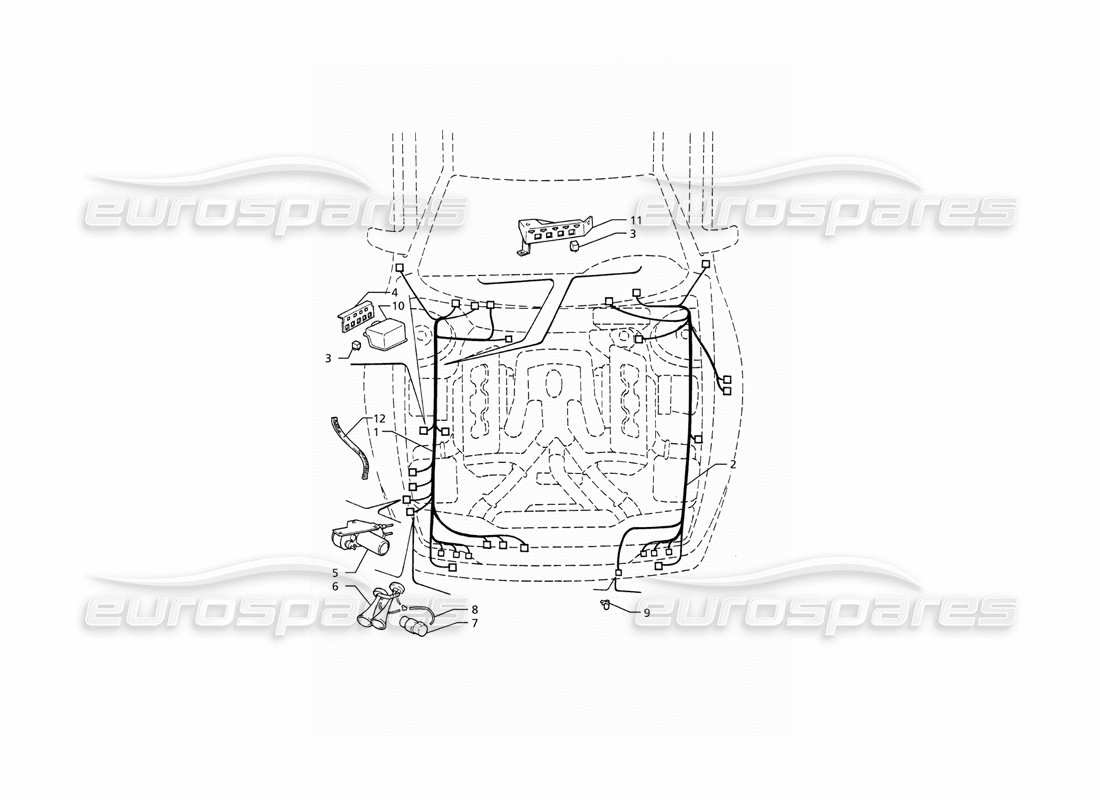 maserati ghibli 2.8 (abs) impianto elettrico: diagramma delle parti del vano motore (guida a sinistra).