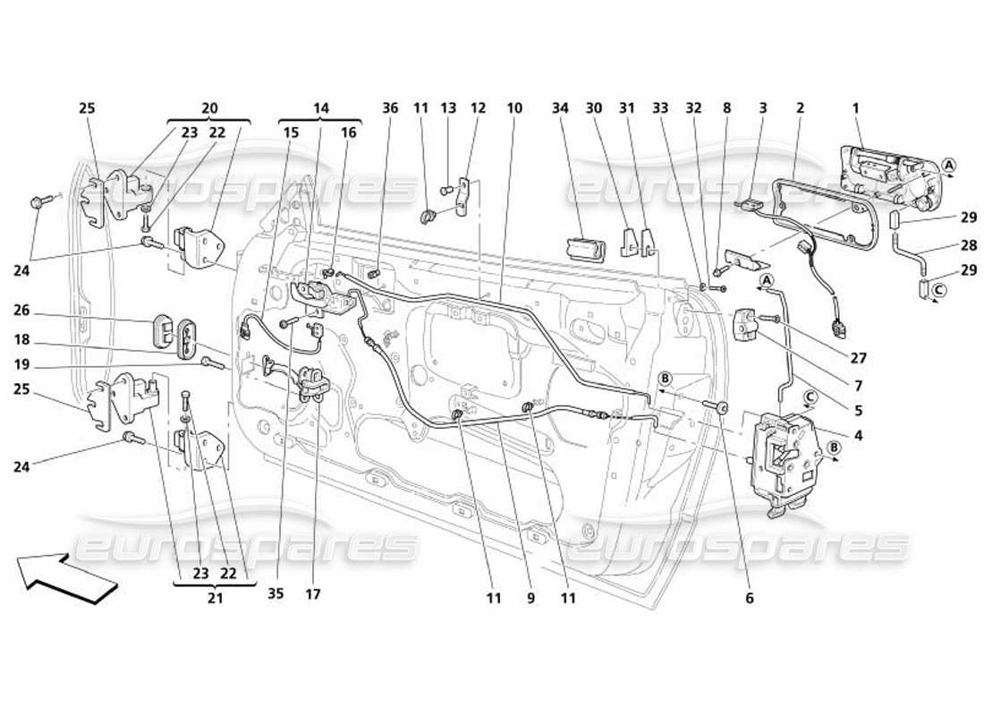 maserati 4200 spyder (2005) porte: diagramma delle parti del controllo di apertura e delle cerniere