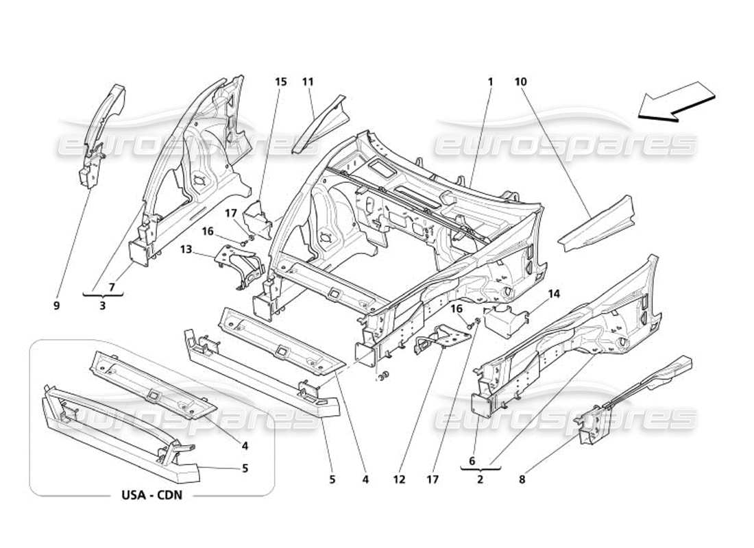 maserati 4200 spyder (2005) diagramma delle parti della struttura anteriore