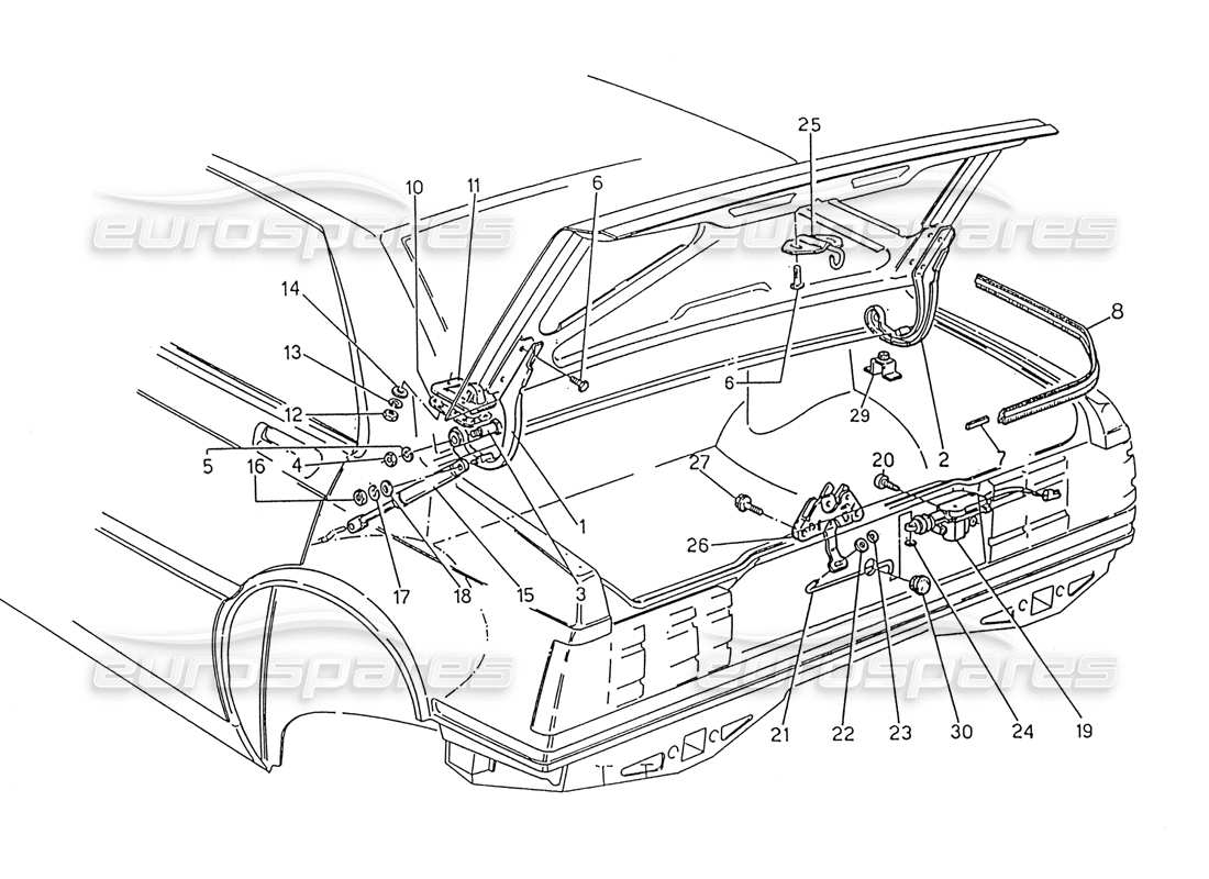 maserati 222 / 222e biturbo coperchio del bagagliaio: cerniere, diagramma delle parti di rilascio del coperchio del bagagliaio