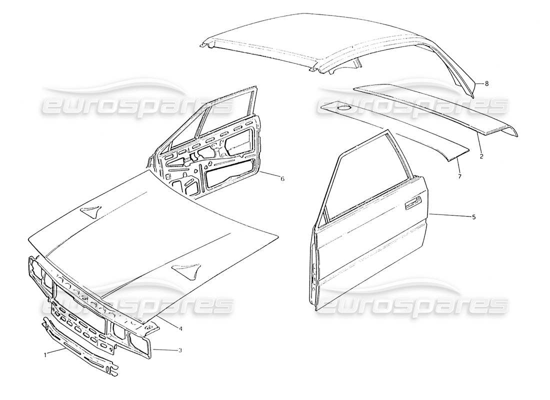 maserati karif 2.8 scocca della carrozzeria: diagramma delle parti del pannello anteriore, delle porte e del cofano, del pannello del tetto