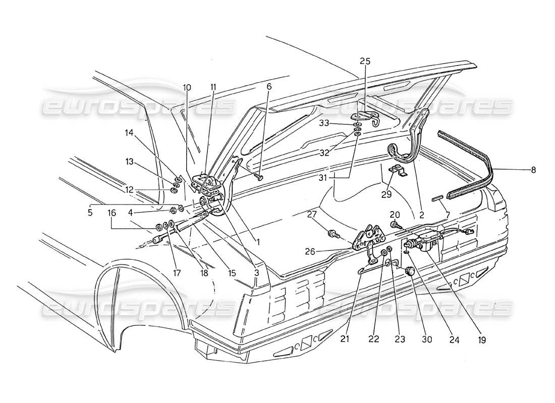 maserati 2.24v coperchio del bagagliaio: diagramma delle parti di rilascio del coperchio del bagagliaio delle cerniere