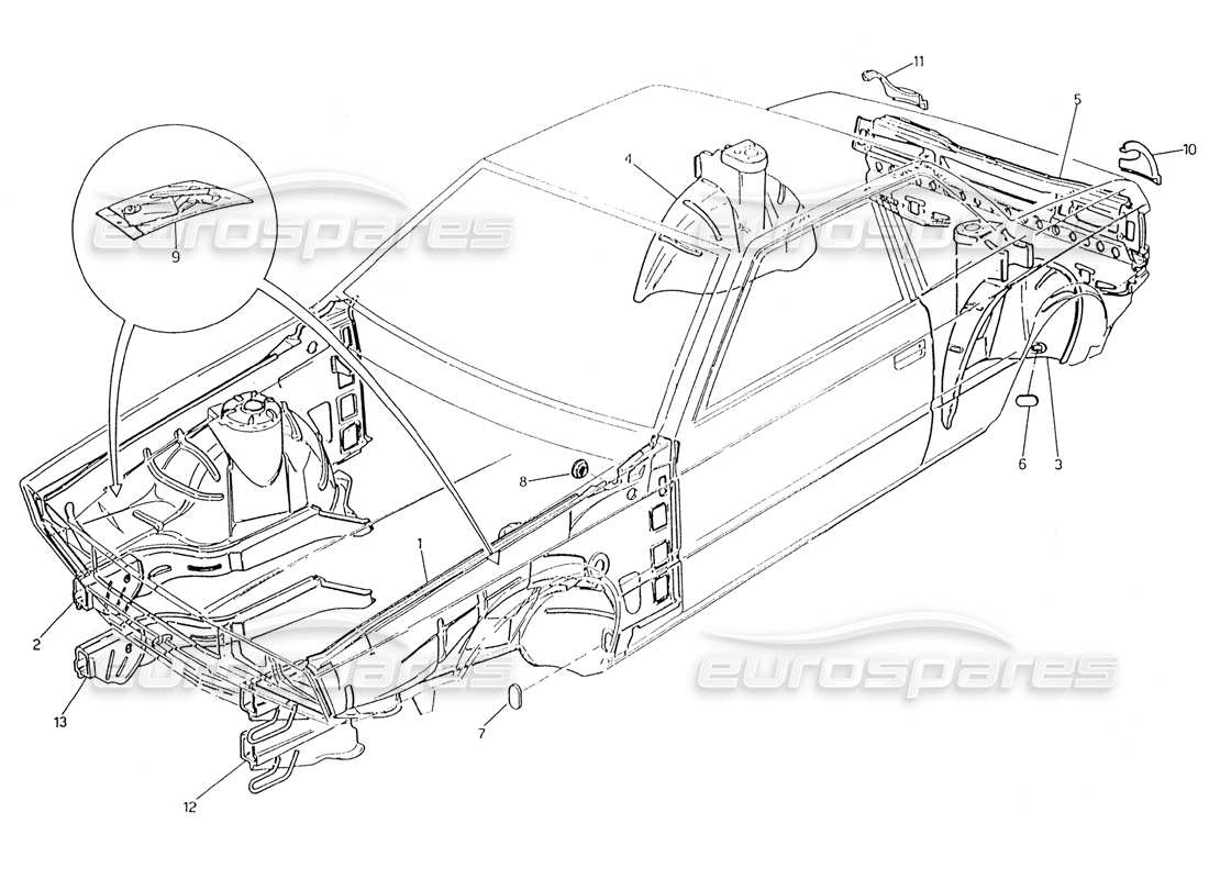 maserati karif 2.8 scocca della carrozzeria: diagramma delle parti dei pannelli interni