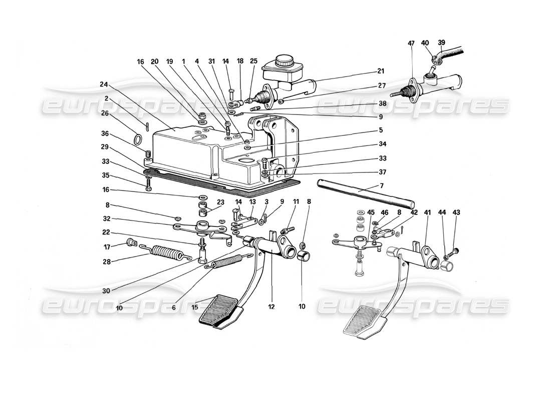 ferrari mondial 3.0 qv (1984) schema delle parti pedaliera - comando frizione (varianti per versione con guida a destra).