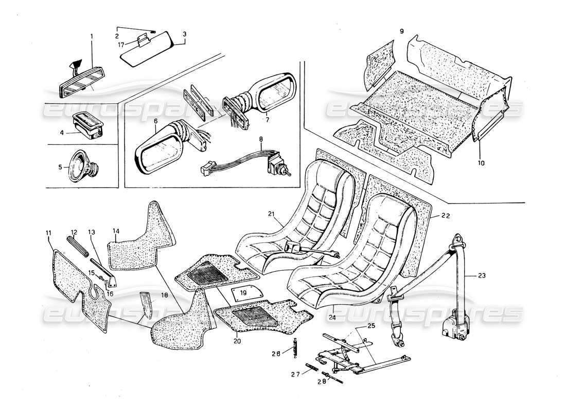lamborghini countach 5000 qvi (1989) sedili, accessori e finiture schema delle parti