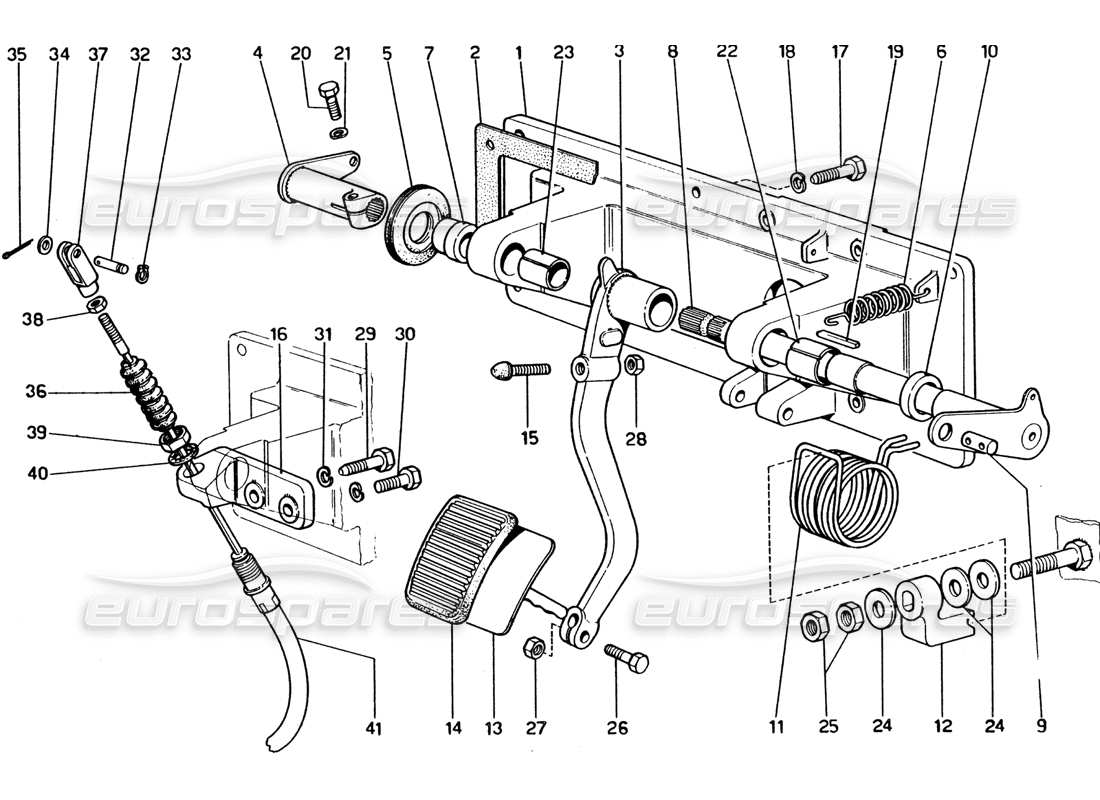 ferrari 365 gt4 2+2 (1973) schema delle parti pedaliera - comando frizione (variante per versioni con guida a destra).