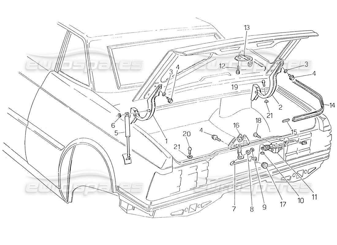 maserati karif 2.8 coperchio del bagagliaio: cerniere, diagramma delle parti di rilascio del coperchio del bagagliaio